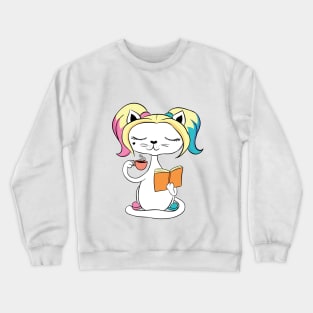 Cute Cat Enjoying Coffee and Reading Book Crewneck Sweatshirt